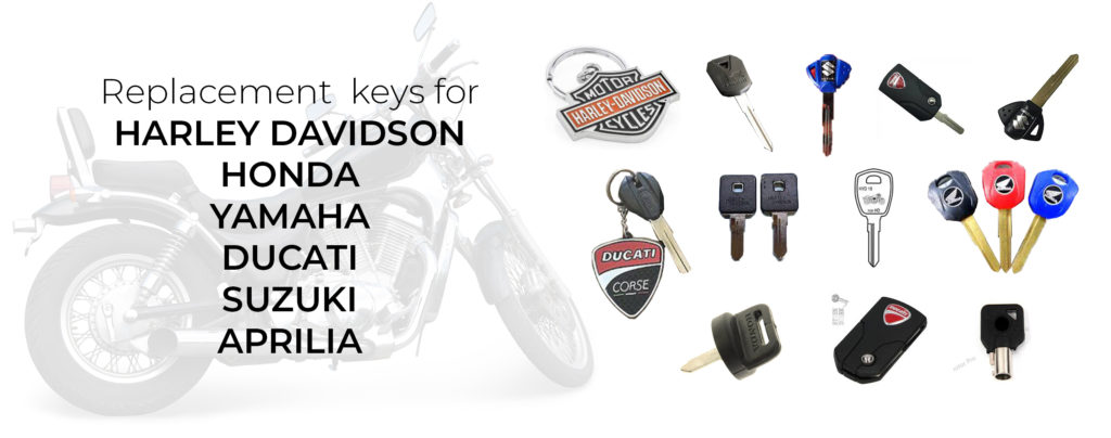 Replacement motorcycle keys for Harley-Davidson, Honda, Yamaha, Ducati, Suzuki, and Aprilia
