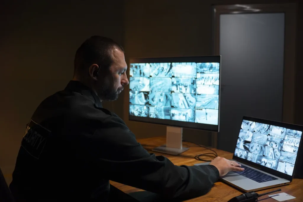 Home Security officer monitoring surveillance camera feeds