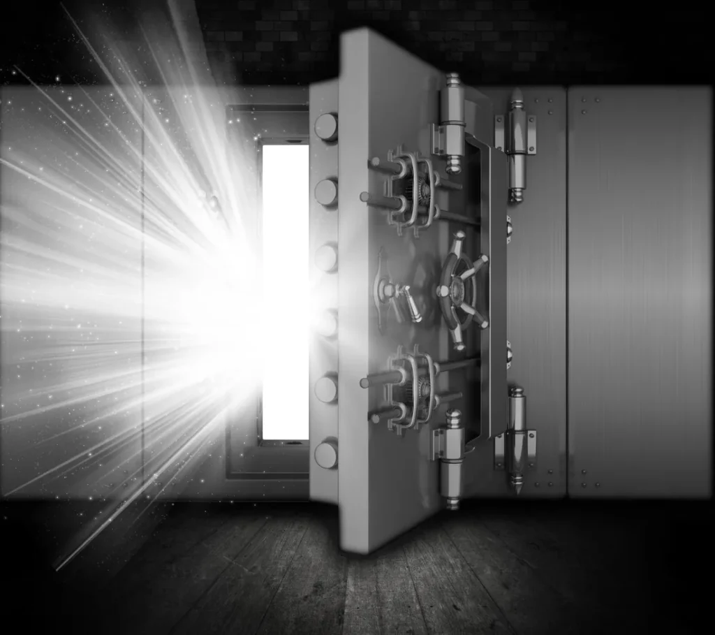 Home Open safe vault door with light shining out
